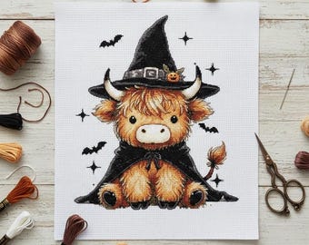 Highland Cow Witch Cross Stitch Pattern: Halloween Farm Animal (PDF)