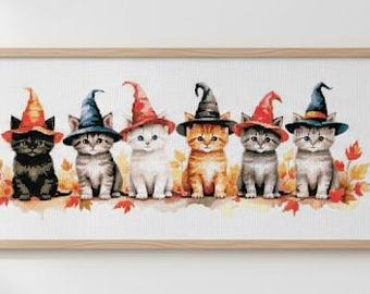 Halloween Witch Kittens Cross Stitch Pattern Fall Autumn Cats Seasonal Decor