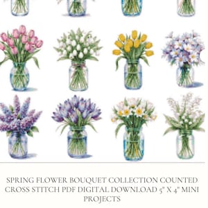 Może przedstawiać: Kolekcja wzorów haftu krzyżykowego przedstawiająca różne bukiety wiosennych kwiatów w szklanych słoikach. Bukiet zawiera różowe anemony, fioletowe kwiaty, żonkile i tulipany. Tekst brzmi "SPRING FLOWER BOUQUET COLLECTION... PROJECTS".