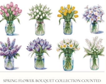 Spring Flower Bouquet Collection Counted Cross Stitch PDF Digital Download 5" x 4" Mini Projects