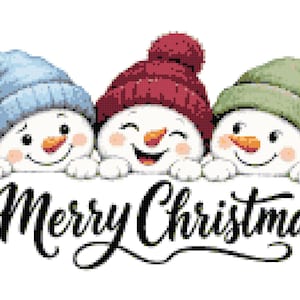 May include: Three snowmen with orange carrot noses and rosy cheeks wearing blue, red, and green knit hats with pom-poms. They are positioned above the black cursive text Merry Christmas, which is accented by a small sprig of green holly with red berries.