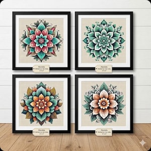 Puede incluir: Cuatro impresiones artísticas de mandala enmarcadas. Cada impresión presenta un diseño floral detallado en varias paletas de colores, incluyendo verde azulado, coral y naranja. Las impresiones se muestran sobre un fondo neutro y están enmarcadas en negro. Cada impresión tiene una etiqueta "Mandala Stitched on 14ct Aida 30.5cm x 30.5cm".