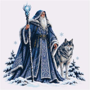 May include: A cross-stitch pattern featuring a bearded figure in a long, dark blue hooded robe with white fur trim, holding a tall staff topped with a glowing blue orb. A grey wolf stands beside the figure in a snowy landscape with pine trees.