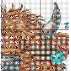 May include: A cross-stitch pattern featuring a detailed design of a bull's head. The pattern uses a variety of colors, including shades of brown, tan, blue, and teal. The design is rendered in a grid-like format, typical of cross-stitch.