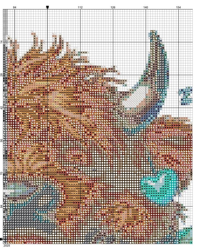 May include: A cross-stitch pattern featuring a detailed design of a bull's head. The pattern uses a variety of colors, including shades of brown, tan, blue, and teal. The design is rendered in a grid-like format, typical of cross-stitch.