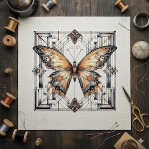 Pode incluir: Impressão de arte detalhada de uma borboleta com um fundo geométrico. A borboleta apresenta tons de ouro, castanho e preto. A obra de arte é rodeada por materiais de costura, incluindo carretéis de linha, dedais e tesouras, numa superfície de madeira escura.