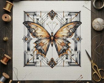 Art Deco Butterfly Counted Cross Stitch Pattern PDF – Modern Geometric Insect Design for 14ct Aida, DMC Floss