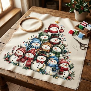 May include: A cross-stitch fabric piece featuring a pyramid-shaped arrangement of snowmen wearing colorful hats and scarves, topped with a gold star. Includes a wooden embroidery hoop, metal scissors, needles, and spools of embroidery thread.