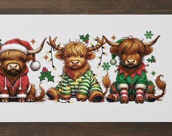 Christmas Highland Cow Cross Stitch Pattern: Festive Farm Animal Decor (PDF Download