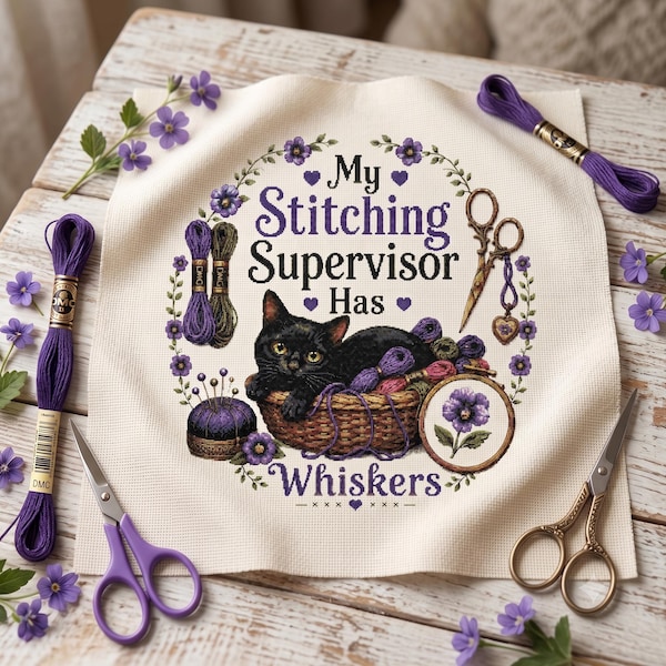 My Stitching Supervisor Has Whiskers, Counted Cross Stitch, PDF Digital Download,