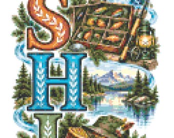 May include: A vertical cross-stitch pattern featuring the word FISHING in large, decorative letters. The design incorporates detailed scenes of a cabin, a jumping trout, a lantern, a creel, a hat, and a wooden paddle amidst a forest landscape.