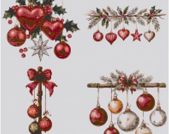 May include: A collection of Christmas ornaments in a watercolor style. The ornaments include red heart-shaped decorations, round baubles, and star-shaped ornaments. The image has a festive theme with holly and bow accents.