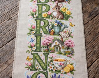 Banner Spring Banner Cross Stitch Pattern, Floral Garden Sampler, Bunny Cottage Decor, Counted Cross Stitch, PDF Digital Download