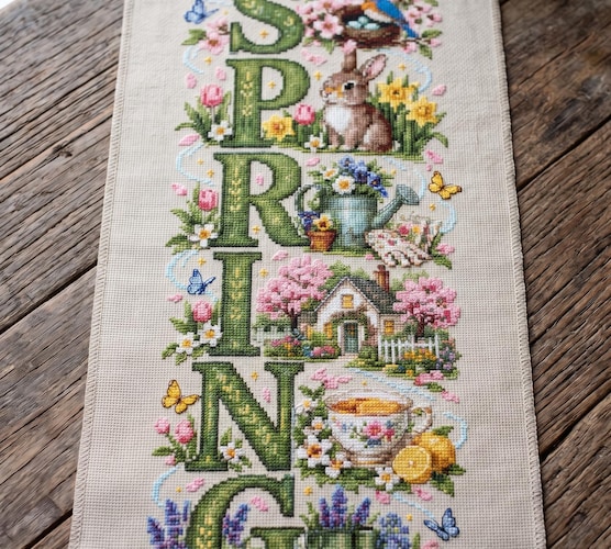 Banner Spring Banner Cross Stitch Pattern — Floral Garden Sampler with Bunny Cottage