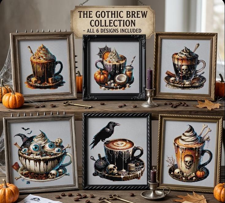 Spooky Coffee Cross Stitch Pattern Bundle, Gothic Halloween Cocoa ...