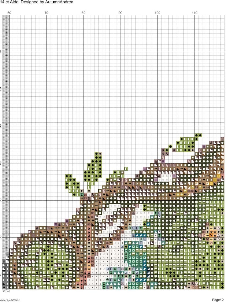 May include: A cross-stitch pattern chart on a white grid background, labeled 14 ct Aida Designed by AutumnAndrea. The chart features a partial design with various symbols in shades of green, brown, and blue, with page 2 and 2025 printed.