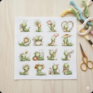 Puede incluir: Un patrón de punto de cruz con 16 adorables orugas verdes, cada una con detalles florales y accesorios únicos. Las orugas se representan en varias poses, rodeadas de flores, corazones y otros elementos encantadores. Hilos de bordar y tijeras visibles.