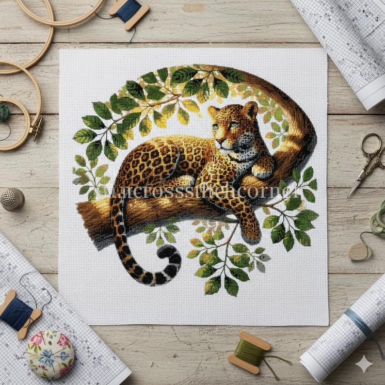 May include: Cross-stitch of a leopard resting on a tree branch, surrounded by green leaves. The leopard has a spotted coat and green eyes. The artwork is on white fabric, with sewing supplies around the edges.