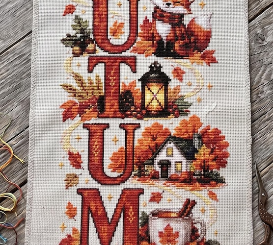 Banner Autumn Cross Stitch Pattern — Cozy Fall Harvest Sampler with Fox & Pumpkin