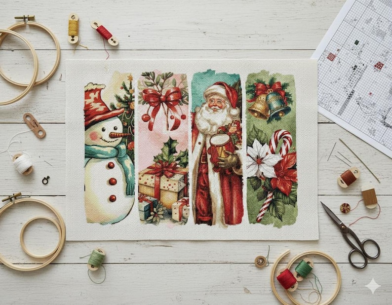 Puede incluir: Un dise&ntilde;o navide&ntilde;o de punto de cruz con un mu&ntilde;eco de nieve, regalos, Pap&aacute; Noel, campanas y bastones de caramelo. La obra de arte est&aacute; sobre un lienzo blanco, rodeada de aros de bordado, carretes de hilo y una hoja de patrones.