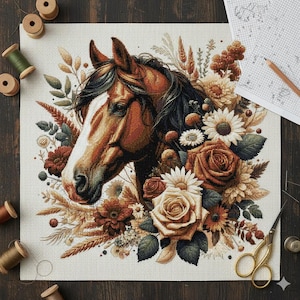 May include: A cross-stitch of a horse's head surrounded by flowers and foliage in shades of brown, cream, and green. The horse has a white blaze and a dark mane. The artwork is on a white fabric, with sewing supplies around it.