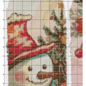 Puede incluir: Un patr&oacute;n de punto de cruz que presenta un mu&ntilde;eco de nieve con un sombrero y una bufanda rojos, una nariz de zanahoria y una cara sonriente. El dise&ntilde;o incluye un &aacute;rbol de Navidad y otros elementos festivos, con el texto "Printed by PCS" y "Page: 1".