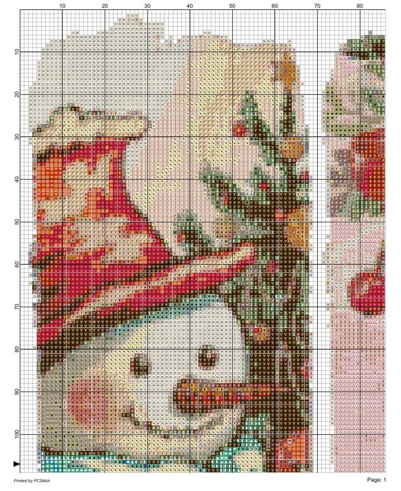 Puede incluir: Un patr&oacute;n de punto de cruz que presenta un mu&ntilde;eco de nieve con un sombrero y una bufanda rojos, una nariz de zanahoria y una cara sonriente. El dise&ntilde;o incluye un &aacute;rbol de Navidad y otros elementos festivos, con el texto "Printed by PCS" y "Page: 1".