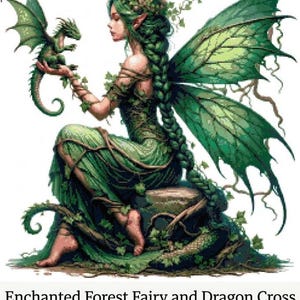 May include: A digital cross stitch pattern depicting a fairy with green hair, wings, and dress, interacting with a small green dragon. The pattern measures 45.7 cm x 45.7 cm and includes the text "Enchanted Forest Fairy and Dragon Cross Stitch Pattern (PDF Download)".