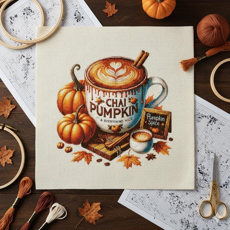May include: Cross-stitch design featuring a fall theme. A large mug of chai latte with a heart design, pumpkins, cinnamon sticks, and the text "Chai Pumpkin & Everything Nice" are displayed. A small sign reads "Pumpkin Spice".