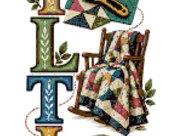 May include: A vertical decorative design featuring the word QUILTING in large, colorful, patterned letters. The image includes illustrations of stacked fabric, a rotary cutter, a rocking chair with a quilt, and a basket filled with sewing supplies.