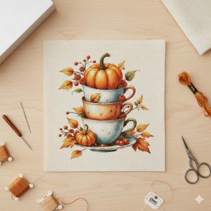 Peut inclure: Motif de point de croix représentant trois tasses empilées ornées de citrouilles et de feuilles d'automne. Les tasses sont blanches avec des pois orange et un bord bleu. Une petite citrouille est posée dessus. Le motif est sur un tissu beige.