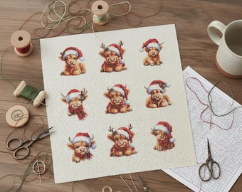 Christmas Highland Cow Ornaments Cross Stitch Pattern - Set of 9