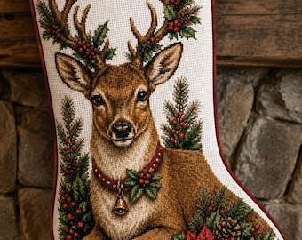 May include: A white Christmas stocking featuring a detailed cross-stitch design of a brown deer with large antlers. The deer is adorned with a collar featuring a small gold bell, surrounded by green pine branches, red berries, and a red poinsettia.