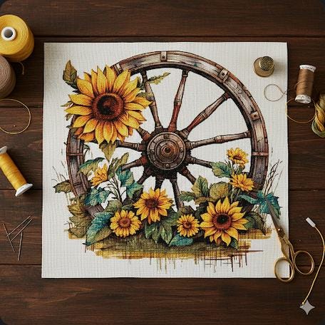 Wagon Wheel with Sunflowers Cross Stitch Pattern PDF Digital Download Country Summer Embroidery