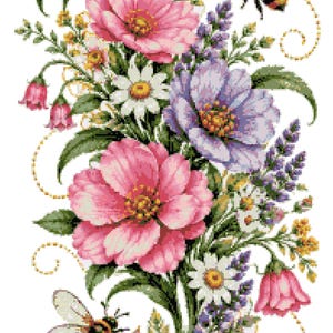 May include: A cross-stitch pattern featuring a vertical floral arrangement with pink, purple, and white flowers, green leaves, and three bumblebees. The design includes golden swirling lines and small yellow accents throughout the composition.