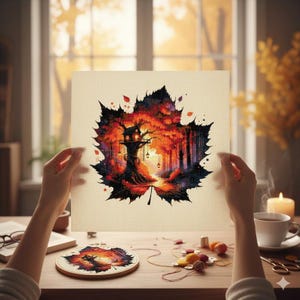 Könnte beinhalten: Ein Kreuzstichprojekt mit einem herbstlichen Design. Das Kunstwerk zeigt eine Baumhausszene in einem großen Ahornblatt, mit leuchtenden Farben wie Orange, Rot und Schwarz. Das Projekt wird von Händen gehalten, mit fertigem Stück und Zubehör.