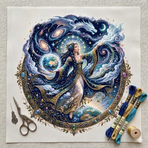 Peut inclure: Un motif de point de croix sur tissu blanc représentant une figure centrale en robe fluide tenant un globe, entourée d'une scène cosmique avec un dragon, des étoiles et des galaxies. Inclut des ciseaux en métal, une aiguille et trois échevettes.