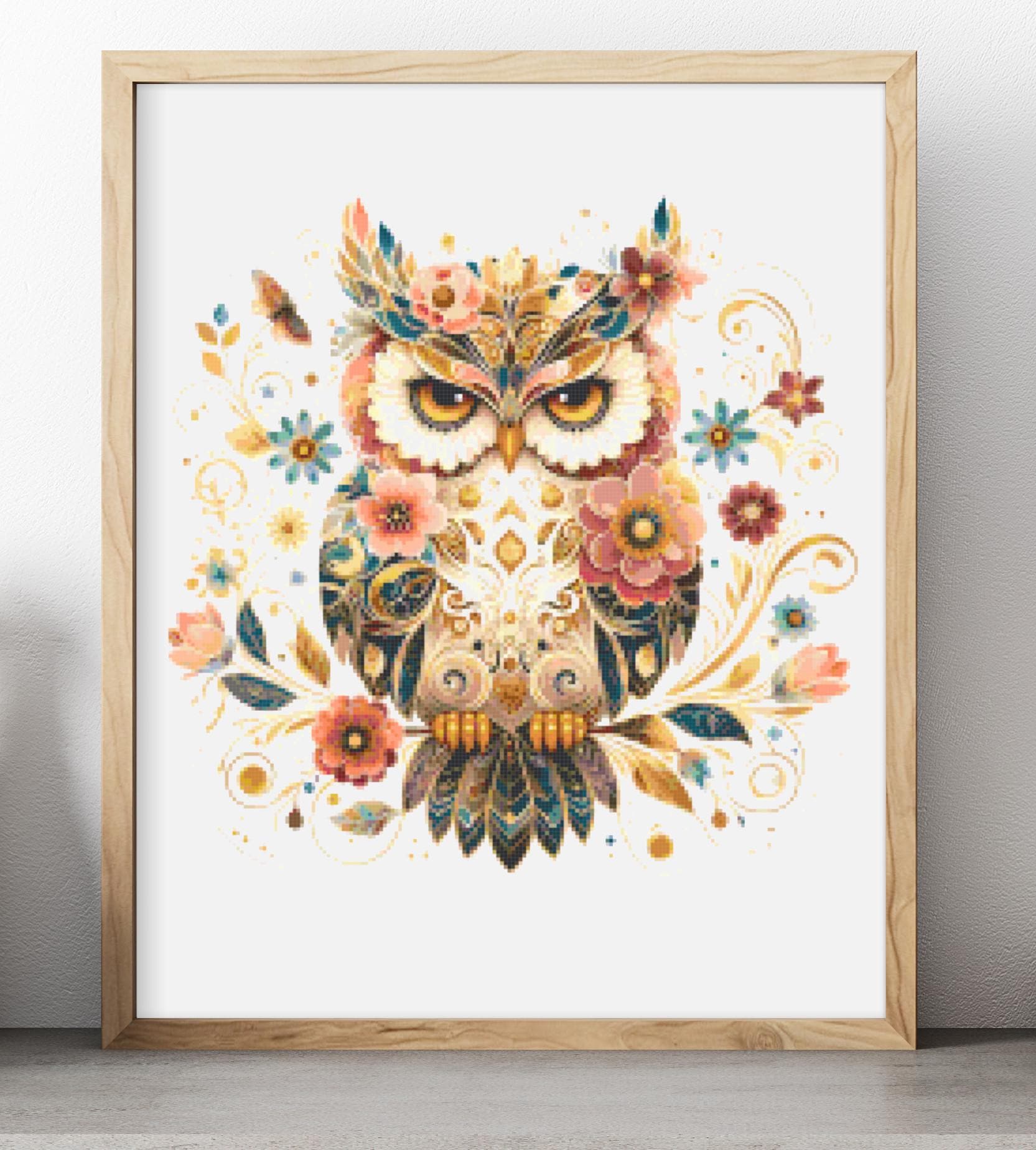 Cross Stitch Pattern Counted Owl Flowers Boho Nature Woodland Chart~ PDF Digital Download ~ Embroide