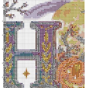 Pode incluir: Um padr&atilde;o de ponto cruz numa grelha com a letra H em roxo e dourado, rodeada por motivos florais em laranja, amarelo e verde. O design inclui o texto 14 ct Aida Designed by AutumnAndrea e Page 2.