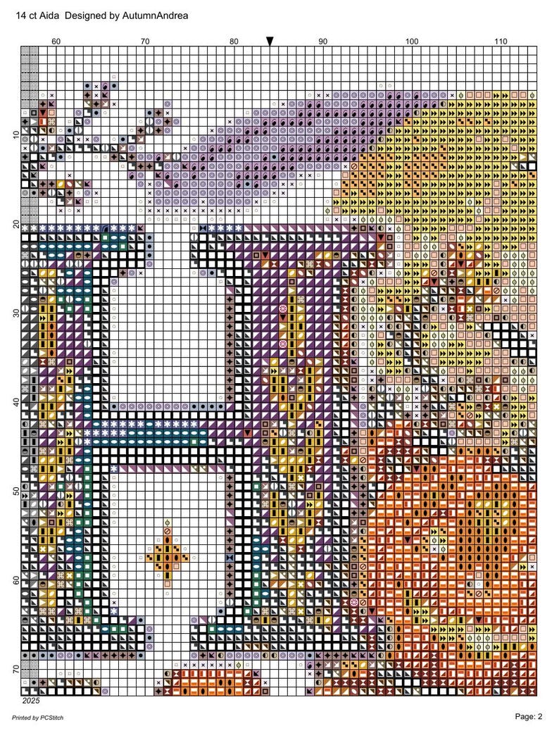Pode incluir: Um padr&atilde;o de ponto cruz numa grelha com a letra H em roxo e dourado, rodeada por motivos florais em laranja, amarelo e verde. O design inclui o texto 14 ct Aida Designed by AutumnAndrea e Page 2.