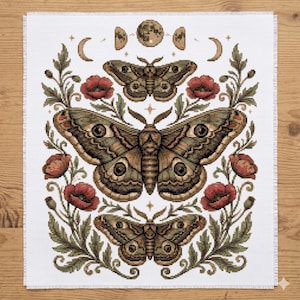 May include: Cross-stitch design featuring three moths, red poppies, crescent moons, and phases of the moon. The moths have detailed wing patterns in shades of brown and green, surrounded by floral elements on a white background.