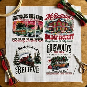 May include: A cross-stitch sampler featuring four festive Christmas designs. The designs include a station wagon with a Christmas tree, a house, a train, and a station wagon with a Christmas tree and a gift. The text includes "Griswold's Tree Farm" and "Believe".