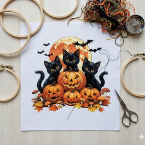 Halloween Black Cats Cross Stitch Pattern: Pumpkins, Bats (PDF Pattern Keeper Compatible)