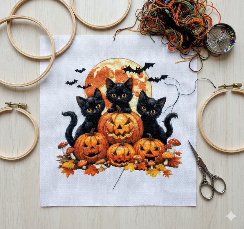 Halloween Black Cats Cross Stitch Pattern: Pumpkins, Bats (PDF Pattern Keeper Compatible)