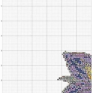 May include: A cross-stitch pattern on a grid, featuring a floral design with shades of purple, blue, and yellow. The pattern is partially completed, showing the detailed stitch work. The grid is marked with numbers.