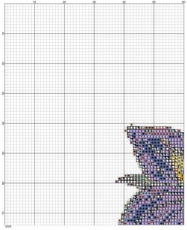 May include: A cross-stitch pattern on a grid, featuring a floral design with shades of purple, blue, and yellow. The pattern is partially completed, showing the detailed stitch work. The grid is marked with numbers.