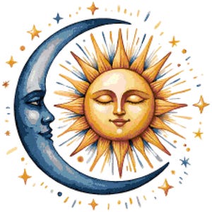 Padrão de ponto cruz com sol e lua celestiais | PDF de bordado cósmico | Download instantâneo | Pontos 221x222 | Bordado para decoração astral boho