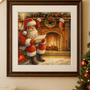 Santa Claus Reading by the Fireplace – Cozy Christmas Counted Cross Stitch Pattern PDF – Holiday Scene Pattern Keeper Compatible
