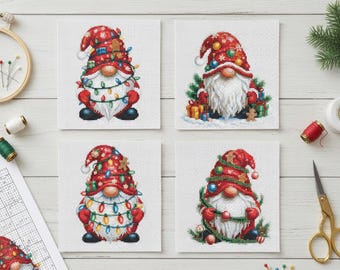 May include: Four square cross-stitch patterns featuring festive Christmas gnomes. Each gnome has a red hat, white beard, and is decorated with colorful lights and ornaments. The text "Festive Christmas Gnomes - Cross Stitch PDF Pattern Set" is at the top.