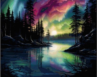 Aurora Borealis Cross Stitch Pattern: Northern Lights Landscape (PDF Pattern)